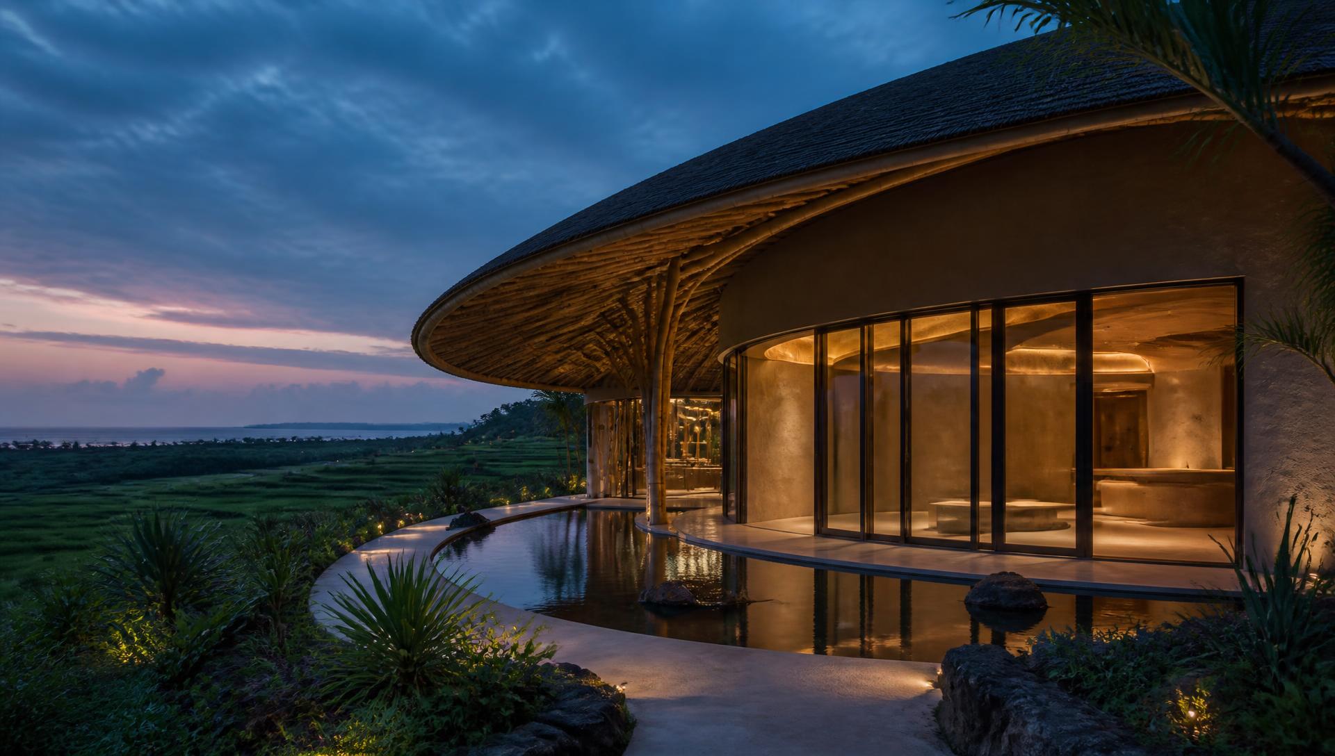 Concept view of the Longevium clinic pavilion in Nuanu, Bali, at dusk
