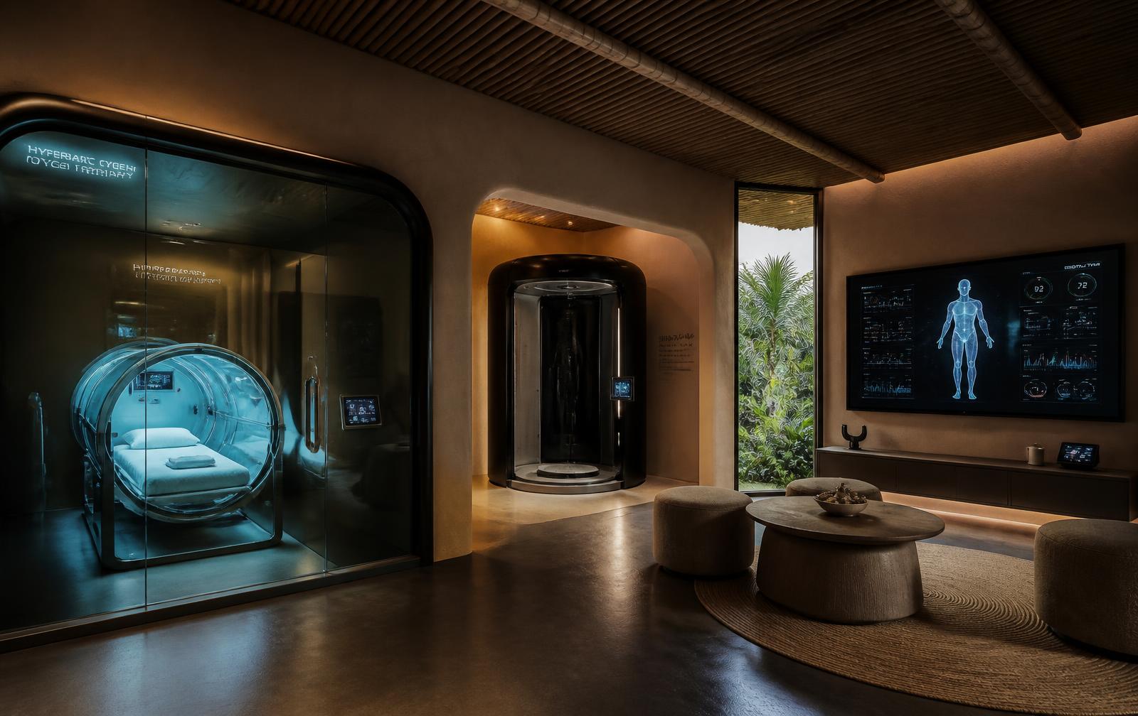 Concept interior: diagnostics suite with hyperbaric capsule behind smart glass and a digital twin display